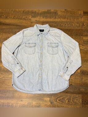 Lucky Brand Shirt Mens Large Blue Denim Western Cowboy Pearl Snap Country